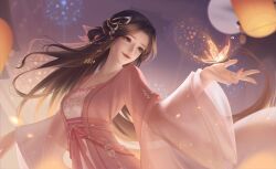 Rule 34 | 1girl, artist request, brown hair, bug, butterfly, chinese clothes, closed mouth, fireworks, hair ornament, hair rings, head tilt, highres, huo linger (wanmei shijie), insect, lantern, long hair, long sleeves, night, outstretched hand, sash, second-party source, smile, solo, upper body, wanmei shijie