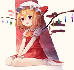 Rule 34 | 1girl, ar (maeus), arms between legs, ascot, blush, fang, flandre scarlet, frilled shirt collar, frilled skirt, frilled sleeves, frilled socks, frills, full body, hair between eyes, hat, highres, mob cap, pointy ears, red eyes, red ribbon, red skirt, red vest, ribbon, ribbon-trimmed headwear, ribbon trim, short sleeves, sitting, skirt, skirt set, socks, solo, touhou, v arms, vest, wariza, wings, yellow ascot