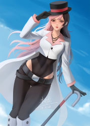 Rule 34 | 1girl, belt, black gloves, black hair, blue sky, blush, brown eyes, dated, dutch angle, gloves, hand on headwear, hat, heterochromia, highres, jewelry, leotard, lips, long hair, looking at viewer, multicolored hair, necklace, neo politan, parted lips, pink hair, rwby, signature, sky, solo, two-tone hair, umbrella, zyl