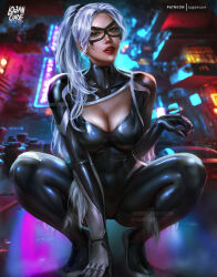 Rule 34 | 1girl, absurdres, artist name, black bodysuit, black cat (marvel), blue eyes, blurry, blurry background, bodysuit, breasts, city, cleavage, domino mask, felicia hardy, grey hair, highres, large breasts, logan cure, long hair, looking at viewer, marvel, mask, paid reward available, parted lips, red lips, skin tight, solo, squatting
