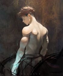 Rule 34 | 1boy, back, bandaged arm, bandages, black background, facing to the side, highres, itadori yuuji, jujutsu kaisen, light particles, looking to the side, male focus, muscular, muscular male, pink hair, powering up, qxq illus, solo, topless male, upper body