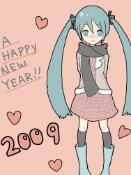 Rule 34 | 00s, 2009, aqua eyes, aqua hair, arms behind back, bad id, bad pixiv id, boots, dated, english text, happy new year, hatsune miku, heart, long hair, looking at viewer, matching hair/eyes, momiji, new year, scarf, simple background, smile, solo, standing, twintails, very long hair, vocaloid