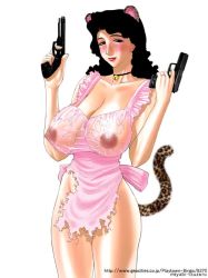 Rule 34 | animal ears, bell, breasts, cat ears, cat tail, frills, gun, huge breasts, large breasts, mature female, nipples, tail, weapon