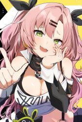 1girl black_ribbon breasts crop_top green_eyes hair_ornament hair_ribbon hairclip large_breasts long_hair looking_at_viewer mole nicole_demara omuretsu pink_hair pointing ribbon smile solo strapless teeth tube_top two_side_up upper_teeth_only zenless_zone_zero