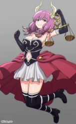 Rule 34 | 1girl, absurdres, armpits, aura (sousou no frieren), balance scale, bare shoulders, boots, braid, breasts, cleavage, clothing cutout, demon horns, elbow gloves, gloves, gradient background, grey background, highres, holding scale, horns, kinnan, linea alba, looking at viewer, medium breasts, multiple braids, navel, navel cutout, purple eyes, purple hair, smile, solo, sousou no frieren, thigh boots, thighs, twitter username, weighing scale