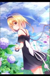 Rule 34 | 1girl, alternate costume, alternate hairstyle, alternate headwear, bare shoulders, black dress, blonde hair, blush, bow, cowboy shot, crystal, day, dress, dutch angle, flandre scarlet, flower, from behind, hairband, highres, holding, holding umbrella, hydrangea, hyurasan, letterboxed, lolita hairband, looking at viewer, looking back, no headwear, no headwear, off-shoulder dress, off shoulder, outdoors, parted lips, red eyes, short hair, solo, touhou, transparent umbrella, umbrella, white bow, wings
