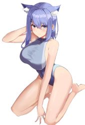 Rule 34 | 1girl, absurdres, animal ears, barefoot, blue eyes, blue hair, breasts, closed mouth, competition swimsuit, full body, hair between eyes, hair ornament, hairclip, highres, large breasts, legs, looking at viewer, maanu, one-piece swimsuit, original, short hair, simple background, sitting, smile, swimsuit, thighs, wariza, white background
