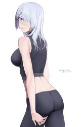 Rule 34 | 1girl, absurdres, ak-15 (girls&#039; frontline), ass, breasts, girls&#039; frontline, grey hair, hair over one eye, highres, looking at viewer, looking back, medium breasts, parted lips, purple eyes, saiun sigma, solo, translation request, white background
