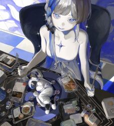 Rule 34 | 1girl, astronaut, belt bow, black bow, blue eyes, blue hair, blue nails, bow, braid, brown hair, chest jewel, closed mouth, collarbone, colored inner hair, darico, dress, eyelashes, fingernails, fork, gem, hair bow, highres, holding, holding fork, indoors, intravenous drip, lips, long hair, looking at viewer, lying, medicine bottle, mini person, multicolored hair, nail polish, on chair, on plate, original, pale skin, plate, side braid, sitting, smile, sparkle, swept bangs, table, tile floor, tiles, two-tone hair, white bow, white dress, white gemstone