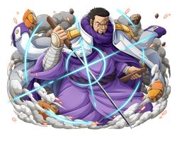Rule 34 | 1boy, bandaged arm, bandages, black hair, facial hair, holding, holding sword, holding weapon, issho (fujitora), jacket, japanese clothes, katana, military jacket, official art, one piece, one piece treasure cruise, purple robe, robe, scar, scar across eye, scar on face, short hair, sword, weapon
