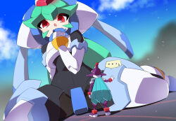 1boy 1girl armor blue_hair brother_and_sister commission crotch_plate giant giantess green_hair helmet kaidou_zx long_hair mega_man_(series) mega_man_zx model_w_(mega_man) pandora_(mega_man) prometheus_(mega_man) red_eyes siblings skeb_commission white_armor white_helmet