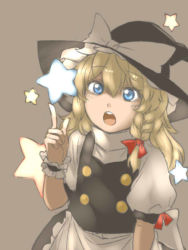 Rule 34 | 1girl, apron, bad id, bad pixiv id, blonde hair, blue eyes, bow, braid, grey background, hair bow, hat, hat ribbon, index finger raised, kirisame marisa, long hair, looking at viewer, open mouth, puffy short sleeves, puffy sleeves, ribbon, shino (r shughart), short sleeves, single braid, skirt, skirt set, solo, star (symbol), touhou, waist apron, witch hat, wrist cuffs