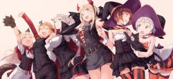 Rule 34 | 10s, 6+girls, ahoge, alternate costume, animal ears, animal hands, arm at side, arm up, bare shoulders, belt, bismarck (kancolle), black gloves, blonde hair, blouse, blue eyes, blunt bangs, breasts, brown eyes, brown hair, cape, cat ears, clenched hand, closed eyes, corset, cowboy shot, dark-skinned female, dark skin, demon girl, disguise, dress, elbow gloves, fangs, from below, gloves, graf zeppelin (kancolle), grey eyes, hair between eyes, hat, horns, jumping, kantai collection, large breasts, leaning forward, light smile, long hair, looking at another, looking at viewer, medium breasts, multiple girls, off shoulder, open mouth, paw gloves, pink background, prinz eugen (kancolle), red shirt, ro-500 (kancolle), shirt, short dress, short hair, silver hair, simple background, small breasts, smile, striped, tan, thighhighs, thighs, tongue, twintails, underbust, unsinkable sam, vampire, vertical stripes, whiskers, white shirt, witch hat, wolf ears, wolf paws, yomo (majidon), z1 leberecht maass (kancolle), z3 max schultz (kancolle)