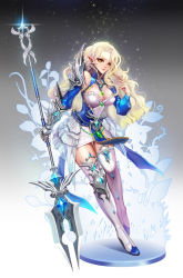 Rule 34 | 1girl, armor, blonde hair, boots, breasts, cleavage, elf, gauntlets, high heel boots, high heels, highres, knee boots, long hair, looking at viewer, original, pointy ears, polearm, rrose, shoulder armor, solo, weapon, white footwear, yellow eyes