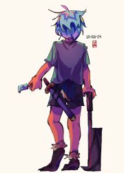 Rule 34 | 1other, ahoge, androgynous, animal feet, bird tail, black shorts, blue hair, commentary request, dated, food, from behind, grey shirt, grey sleeves, holding, holding food, holding popsicle, holding weapon, korean commentary, len&#039;en, moritake medias, no headwear, other focus, partially undressed, popsicle, sheath, sheathed, shirt, short hair, short sleeves, shorts, signature, simple background, solo, sword, t-shirt, tail, waiwa way, weapon, white background