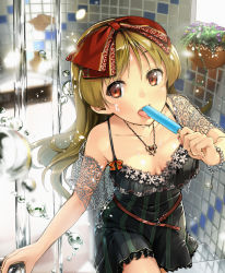 Rule 34 | 1girl, belt, blonde hair, bow, bracelet, breasts, cleavage, collarbone, dress, food, frilled dress, frills, hair bow, highres, jewelry, lace, licking, light particles, long hair, looking at viewer, md5 mismatch, necklace, neo-masterpeacer, open mouth, orange eyes, original, ornament, pendant, plant, ponytail, popsicle, potted plant, resolution mismatch, sleeveless, sleeveless dress, solo, source smaller, tile wall, tiles, tongue, water, water drop, wet, wristband