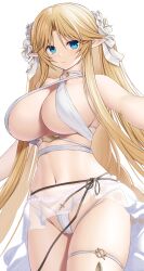 Rule 34 | 1girl, absurdres, asamura hiori, azur lane, bare shoulders, bikini, blonde hair, blue eyes, blush, breasts, brest (azur lane), brest (marine muse) (azur lane), cleavage, collarbone, criss-cross halter, flower, hair flower, hair ornament, hair ribbon, halterneck, highres, large breasts, long hair, looking at viewer, navel, official alternate costume, parted bangs, pointy ears, ribbon, sidelocks, smile, solo, swimsuit, thighs, very long hair, white background, white bikini