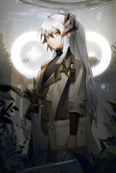 Rule 34 | 1girl, absurdres, arknights, backlighting, bai shiro@, closed mouth, cowboy shot, dragon horns, highres, holding, horns, long hair, long sleeves, looking at viewer, official alternate costume, orange eyes, ponytail, rhine lab logo, saria (arknights), sidelocks, solo, very long hair