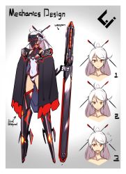 Rule 34 | 1girl, absurdres, bad id, bad twitter id, black cape, boots, cape, character sheet, closed mouth, covered navel, embarrassed, expressions, flying sweatdrops, frown, gradient background, grey background, hair ornament, hairpin, highres, legs apart, leotard, looking at viewer, mecha musume, multiple views, navel, open mouth, original, pink hair, ponytail, red eyes, sawawse, standing, visor (armor)