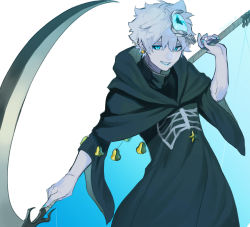Rule 34 | 1boy, alternate hairstyle, blue background, blue eyes, charles-henri sanson (fate), charles-henri sanson (festival outfit) (fate), cowboy shot, earrings, fate/grand order, fate (series), hair ornament, highres, holding, hood, hood down, jewelry, long sleeves, looking at viewer, male focus, nail polish, official alternate costume, robe, rozu ki, scythe, skeleton print, smile, solo, upper body, weapon, white background, white hair