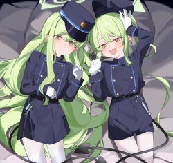 Rule 34 | 2girls, absurdres, bed sheet, belt, black belt, black hat, black jacket, black shorts, black skirt, black tail, blue archive, blush, buttons, demon tail, double-breasted, earrings, fang, gloves, green hair, green halo, halo, hat, hikari (blue archive), nozomi (blue archive), highres, jacket, jewelry, long hair, long sleeves, multiple girls, nakare2845, open mouth, pantyhose, parted lips, peaked cap, pleated skirt, pointy ears, shorts, sidelocks, single earring, skin fang, skirt, smile, tail, twintails, white gloves, white pantyhose, yellow eyes