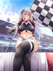 Rule 34 | 1girl, azur lane, belt, black footwear, black gloves, black thighhighs, blue sky, boots, breasts, checkered flag, clothing cutout, cropped shirt, crossed legs, day, earpiece, flag, gloves, grey hair, half gloves, headgear, highres, holding, holding flag, jacket, large breasts, long hair, midriff, multicolored hair, navel, official alternate costume, oriue wato, outdoors, panties, panty straps, prinz eugen (azur lane), prinz eugen (final lap) (azur lane), purple jacket, race queen, racetrack, red hair, red panties, sitting, sky, smile, solo, streaked hair, thigh boots, thighhighs, two-tone hair, two-tone skirt, underboob, underboob cutout, underwear, white belt, white hair, yellow eyes