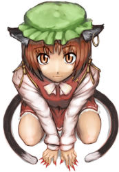 Rule 34 | 1girl, :3, animal ears, arugeri, bow, brown eyes, brown hair, cat ears, cat girl, cat tail, chen, earrings, face, female focus, fingernails, from above, hat, jewelry, long fingernails, looking at viewer, multiple tails, nail polish, sharp nails, short hair, simple background, smile, solo, squatting, tail, touhou