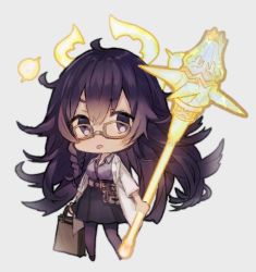 Rule 34 | 1girl, :p, belt pouch, briefcase, chibi, dorothy (sinoalice), full body, glasses, grey background, halo, highres, holding, holding briefcase, holding weapon, lab coat, leggings, long hair, long sleeves, looking at viewer, mace, merry-san, polo shirt, pouch, purple eyes, purple hair, purple shirt, purple skirt, reality arc (sinoalice), shirt, simple background, sinoalice, skirt, solo, tongue, tongue out, weapon