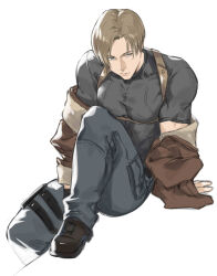 Rule 34 | 1boy, absurdres, blue eyes, bomber jacket, brown hair, brown jacket, curtained hair, duster, fingerless gloves, gloves, highres, jacket, large pectorals, leg holster, leon s. kennedy, male focus, muscular, muscular male, naijarski, off shoulder, pectorals, resident evil, resident evil 4, resident evil 4 (remake), shirt, short hair, sitting, smile, solo, t-shirt, tight clothes, tight shirt