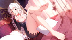 Rule 34 | 1girl, ass, bare legs, barefoot, bed, blue eyes, blush, breasts, cleavage, convenient censoring, feet, finger to mouth, foot focus, long hair, original, pillow, sitting, soles, solo, toenails, toes, white hair, xiao ren