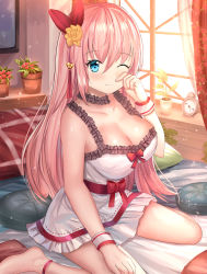 Rule 34 | 1girl, ;), alarm clock, ame sagari, bare shoulders, barefoot, blue eyes, blush, bow, breasts, cleavage, clock, closed mouth, collarbone, commentary request, day, dress, flower, flower pot, frilled dress, frills, hair between eyes, hair ribbon, hand up, indoors, large breasts, long hair, looking at viewer, on bed, one eye closed, original, pillow, pink hair, plant, potted plant, red bow, red flower, red ribbon, ribbon, rubbing eyes, sitting, sleeveless, sleeveless dress, smile, solo, very long hair, wariza, white dress, window