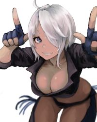 Rule 34 | 1girl, 6maker, absurdres, ahoge, angel (kof), bikini, blue eyes, breasts, chaps, cleavage, curvy, fingerless gloves, gloves, hair over one eye, hanging breasts, highres, huge filesize, large breasts, leaning forward, short hair, smile, solo, swimsuit, the king of fighters, white hair