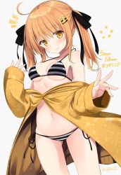 Rule 34 | 1girl, ahoge, bad id, bad twitter id, bare shoulders, bikini, black bikini, black ribbon, blush, breasts, brown hair, cleavage, closed mouth, collarbone, commentary request, cowboy shot, gluteal fold, groin, hair ornament, hair ribbon, hairclip, halterneck, hand up, head tilt, highres, jacket, long hair, long sleeves, looking at viewer, medium breasts, milestone celebration, navel, notice lines, off shoulder, orange eyes, original, ribbon, sasahara wakaba, side-tie bikini bottom, sidelocks, simple background, sleeves past wrists, smile, solo, standing, star (symbol), stomach, striped bikini, striped clothes, swimsuit, thighs, twintails, twitter username, white background, wide sleeves, yellow jacket