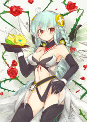 Rule 34 | 1girl, adapted costume, ahoge, bare shoulders, black gloves, black thighhighs, blush, braid, breasts, cleavage, collarbone, dragon, elbow gloves, feathered wings, flower, food, fruit, gloves, hair ornament, hair ribbon, hand on own hip, highres, holding, holding plate, large breasts, lemon, lemon dragon (p&amp;d), lemon slice, light valkyrie (p&amp;d), long hair, mou tama maru, navel, plant, plate, puzzle &amp; dragons, red eyes, red ribbon, ribbon, rose, showgirl skirt, silver hair, single braid, solo, thighhighs, thorns, twin braids, valkyrie (p&amp;d), very long hair, vines, wings