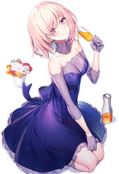 Rule 34 | 1girl, bare shoulders, blush, breasts, champagne flute, cleavage, closed mouth, collarbone, commentary request, cup, detached sleeves, dress, drink, drinking glass, fate/grand order, fate (series), flower, full body, gloves, hair between eyes, half gloves, highres, holding, holding cup, long sleeves, looking at viewer, mash kyrielight, mash kyrielight (chaldea dinnertime), medium breasts, official alternate costume, pink hair, purple dress, purple eyes, purple gloves, purple sleeves, ririko (zhuoyandesailaer), see-through, seiza, shadow, short hair, sitting, smile, solo, strapless, strapless dress, white background, white flower