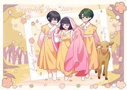 Rule 34 | 1girl, 2024, 2boys, absurdres, artist name, black hair, calf (animal), closed eyes, commentary, cow, dongbaek (project moon), dongrang (project moon), ear tag, english commentary, glasses, grass, gredell elle, green eyes, green hair, happy new year, highres, korean clothes, limbus company, multiple boys, new year, petals, photo (object), project moon, short hair, tree, yi sang (project moon)