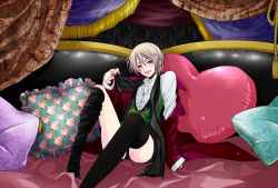 Rule 34 | 1boy, alois trancy, bed, black thighhighs, blonde hair, blue eyes, clothes, full body, happy, kuroshitsuji, male focus, on bed, open mouth, pillow, samu., short hair, smile, solo, thighhighs, undressing