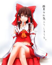 Rule 34 | 1girl, bad id, bad pixiv id, bow, brown hair, detached sleeves, female focus, food, gradient background, hair bow, hakurei reimu, japanese clothes, kinsenka, midriff, miko, popsicle, red eyes, short hair, solo, touhou, white background