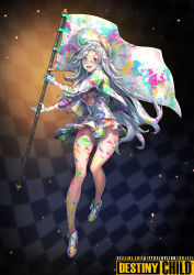 Rule 34 | 1girl, absurdres, ankle boots, blue eyes, boots, breasts, checkered background, cleavage cutout, clothing cutout, commentary request, cropped jacket, destiny child, dress, flag, full body, fusante, gloves, hat, highres, holding, holding flag, jacket, long hair, open mouth, original, paint splatter, panties, ribbed sweater, shoes, skirt, solo, sweater, underboob, underwear, white flag, white gloves, white hair, white jacket, white panties, white skirt, white sweater