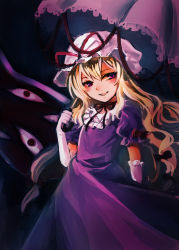 Rule 34 | 1girl, aged down, asada ryou, blonde hair, bow, choker, commentary request, curiosities of lotus asia, dress, elbow gloves, flat chest, gap (touhou), gloves, hair bow, hat, hat ribbon, highres, long hair, looking to the side, mob cap, open mouth, purple dress, purple eyes, red eyes, ribbon, ribbon choker, smile, solo, touhou, umbrella, white gloves, yakumo yukari, yakumo yukari (young)