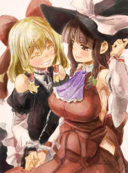 Rule 34 | 2girls, ^ ^, alternate hairstyle, ass, bare shoulders, blonde hair, blunt bangs, bow, braid, breasts, brown eyes, brown hair, closed eyes, colored eyelashes, detached collar, grin, hair bow, hair tubes, hairstyle switch, hakurei reimu, hat, headwear switch, holding hands, kirisame marisa, large breasts, multiple girls, open mouth, smile, touhou, twin braids, v-shaped eyebrows, witch hat, yohane, yuri