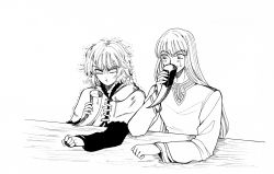Rule 34 | 2boys, blush, canute, closed mouth, drinking, eyebrows, fur trim, highres, holding, hood, long hair, looking at another, male focus, monochrome, motion lines, multiple boys, prince, sweat, themy minamino, thorfinn, upper body, viking, vinland saga