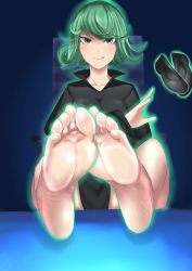 Rule 34 | 1girl, barefoot, black dress, chair, dress, feet, foot focus, glowing, green eyes, green hair, highres, licking lips, looking at viewer, one-punch man, pov, shoes, unworn shoes, short hair, sitting, soles, solo (twsolo), table, tatsumaki, toes, tongue, tongue out