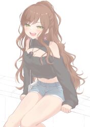 Rule 34 | 1girl, :d, absurdres, bang dream!, black shirt, blue shorts, breasts, brown hair, casual, cleavage, cleavage cutout, clothing cutout, commentary, earrings, feet out of frame, green eyes, half-closed eyes, hand rest, highres, himenagi yuuki, imai lisa, jewelry, large breasts, long hair, long sleeves, looking at viewer, midriff, navel, open mouth, ponytail, rabbit earrings, shirt, short shorts, shorts, shoulder cutout, single sidelock, sitting, sleeves past wrists, smile, solo, swept bangs, teeth, upper teeth only, very long hair, wavy hair