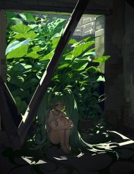 Rule 34 | 1girl, baofandxy, bare arms, barefoot, crying, dappled sunlight, day, green eyes, green hair, hair between eyes, hatsune miku, highres, hugging own legs, indoors, injury, knees up, long hair, looking at viewer, on ground, plant, ruins, scratches, shirt, shorts, sitting, sketch, solo, sunlight, t-shirt, tears, twintails, very long hair, vocaloid, white shirt