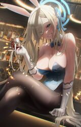 Rule 34 | 1girl, absurdres, alcohol, animal ears, asuna (blue archive), asuna (bunny) (blue archive), bar (place), bare shoulders, black pantyhose, blue archive, blue eyes, blue leotard, blue ribbon, bottle, breasts, cleavage, collar, crossed legs, cup, drink, dutch angle, elbow gloves, eyes visible through hair, fake animal ears, glint, gloves, grin, hair over one eye, halo, highres, holding, holding cup, holding drink, indoors, large breasts, leotard, light brown hair, long hair, looking at viewer, luenar, mole, mole on breast, official alternate costume, pantyhose, playboy bunny, rabbit ears, red wine, ribbon, sidelocks, sitting, smile, solo, strapless, strapless leotard, swept bangs, thighband pantyhose, thighs, white collar, white gloves, wine