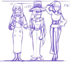 Rule 34 | 3girls, archnemon, belt, digimon, digimon adventure 02, digimon ghost game, digimon survive, glasses, hat, looking at another, multiple girls, size comparison