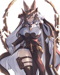 Rule 34 | 1girl, absurdres, animal ears, asymmetrical hair, asymmetrical legwear, breasts, brown hair, closed eyes, detached sleeves, extra ears, frilled sleeves, frills, galleon (granblue fantasy), gloves, granblue fantasy, highres, horns, huge breasts, long hair, multicolored hair, ozaki55, pointy ears, skindentation, solo, streaked hair, thick thighs, thigh strap, thighs, white gloves