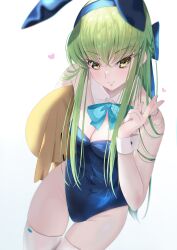 Rule 34 | 1girl, absurdres, animal ears, blue archive, blue bow, blue bowtie, blue hairband, blue leotard, bow, bowtie, breasts, budgiepon, c.c., cheese-kun, cleavage, code geass, cosplay, detached collar, fake animal ears, green hair, grin, hairband, hand up, heart, highres, holding, holding stuffed toy, leotard, long hair, medium breasts, playboy bunny, rabbit ears, simple background, smile, solo, straight hair, stuffed toy, thighhighs, toki (blue archive), toki (blue archive) (cosplay), toki (bunny) (blue archive), w, white background, white thighhighs, wrist cuffs, yellow eyes