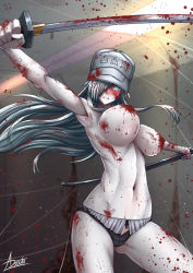 Rule 34 | 1girl, adsouto, armpits, baseball cap, black panties, blood, blood on breasts, blood on face, bloody weapon, blue eyes, blush, breasts, clenched teeth, fighting, floating hair, hair over one eye, hat, hataraku saibou, hataraku saibou black, highres, holding, holding sheath, holding sword, holding weapon, katana, large breasts, long hair, looking at viewer, navel, panties, sheath, signature, silver hair, solo, sword, teeth, topless, u-1196, underwear, underwear only, very long hair, weapon, white hat